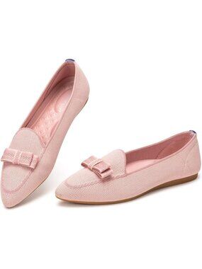 Women's Pink Elegant Pointed Toe Knit Fabric Lace Up Washable Loafer Flat Shoes